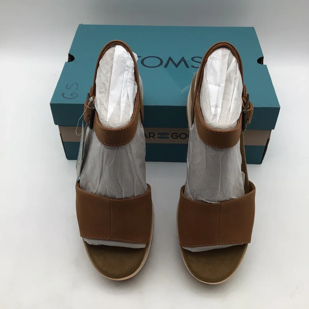 TOMS Diana Tan Leather Platform Wedge Sandals 10019757 Womens Size 9.5 NEW